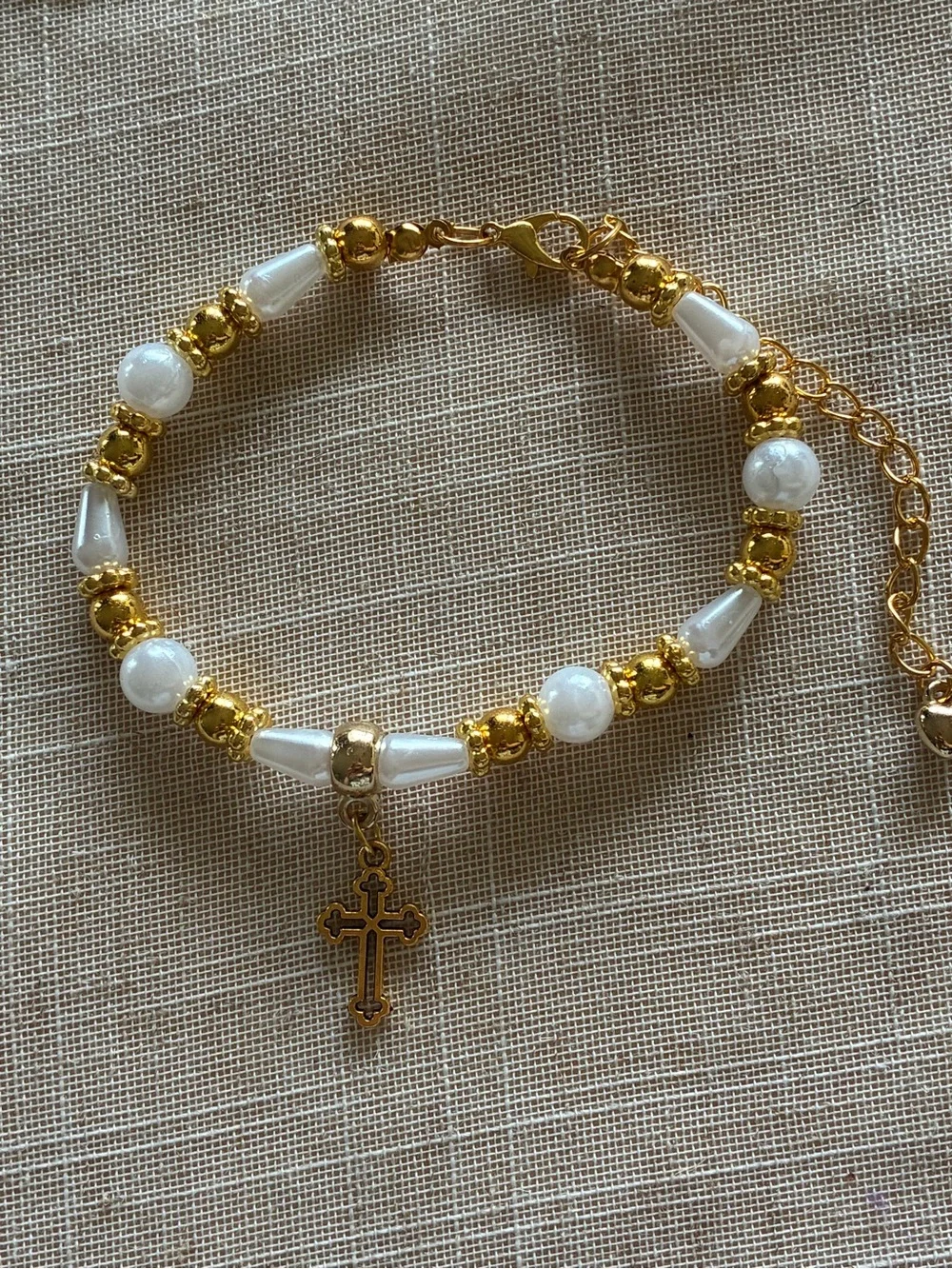 Gold & White Beaded Cross Bracelet, anklet and Earring Set